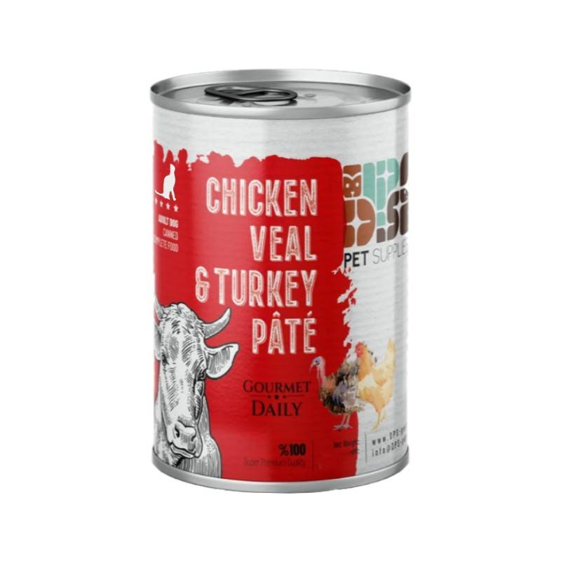 دی پی اس کنسرو گوشت گوساله و بوقلمون و مرغ گربه بالغ 400 گرم